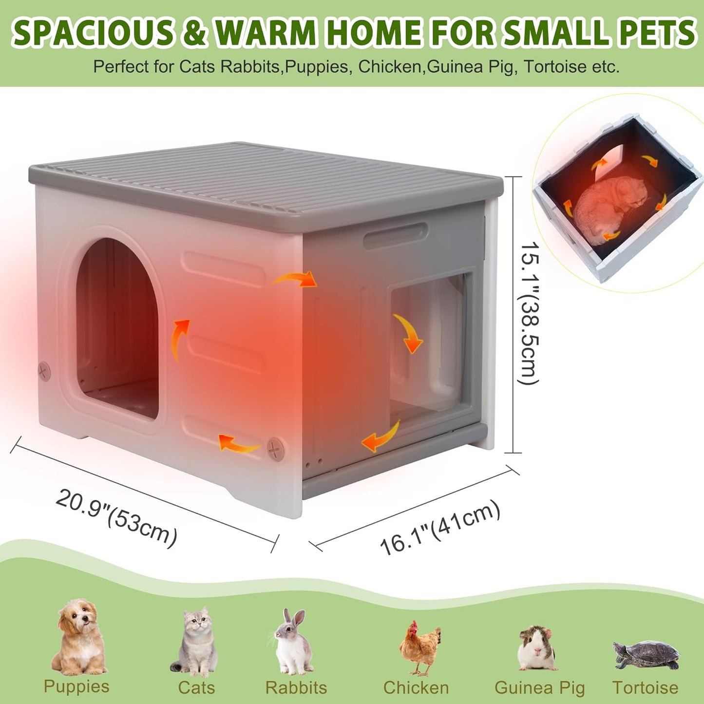 Insulated Cat House Outdoor Weatherpoof Plastic Cats Houses with Escape Door Indoor Waterproof Feral/Pet Cat Shelter Outside for Puppy, Rabbit for Winter