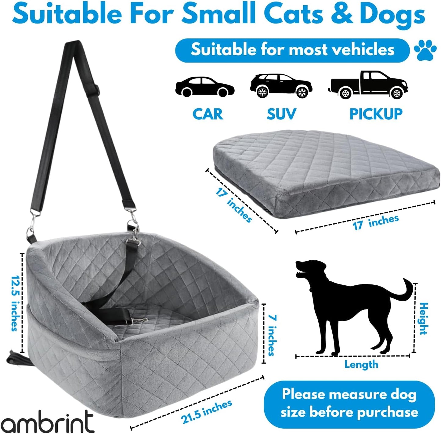 Dog Car Seat for Small Medium Sized Dogs & Cats – Booster Seat with Safety Belt, Non-Slip Bottom, Washable Bed, Storage Pockets – Pet Car Seat for Dogs/Puppy Cats Under 5-35 lbs (Grey)