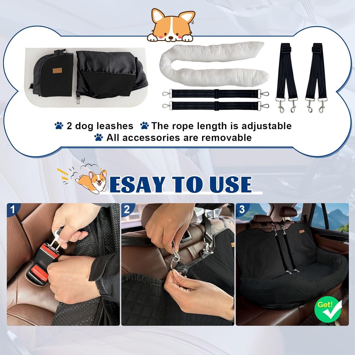 Dog Car Seat for Large/Medium Dog Pet Under 55 lbs or 2 Small Dogs Detachable Washable Travel Bed Fits Cars Trucks SUV