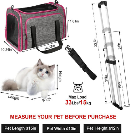 Pet Carrier with Wheels Up to 33 lbs Airline Approved Cat Carrier Rolling Pet Carrier w/Removable Wheels & Expandable Side Washable Plush Mat Pet Travel Carrier with Telescopic Handle & Shoulder Strap