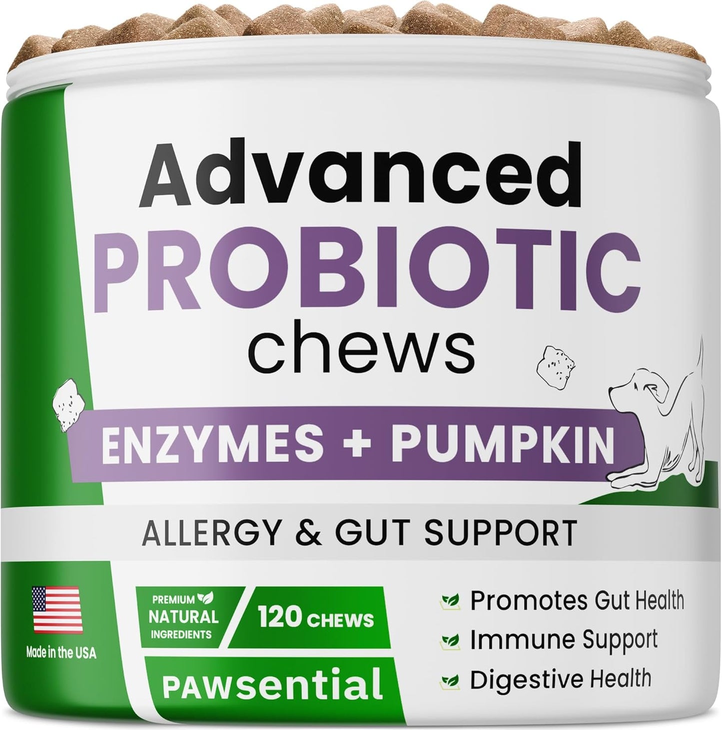 Probiotic, Enzyme, Prebiotic, Dog Chews for Digestive Support - Helps with Stool Consistency, Gas, Constipation, Diarrhea - 120 Chews Single Pack Duck