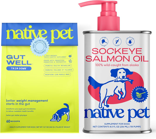Native Pet Weight & Wellness Bundle: 60 Scoops GutWell Trim Down - Dog Weight Loss Supplement & 8 Oz. Salmon Oil for Dogs & Cats – Pure Omega-3 Fish Oil for Overall Health