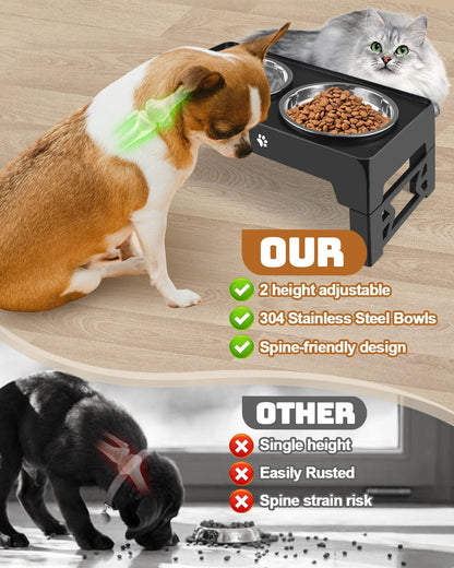 Elevated Dog Bowls, Dog Feeder with 2 Stainless Steel Dishes, 2 Heights Adjustable Raised Stand for Small Dogs, Food Dishes with Non-Slip Feet