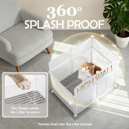 MEEXPAWS Litter Box Enclosure Splash Guard, Top Entry Cat Litter Box Shield with Slot Design Metal Grate, Dog Proof Privacy Screen Cover with Mat, Large White (24.8x16.8x23.6 Inch)