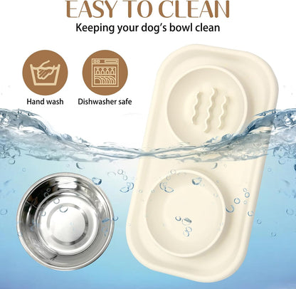 BNOSDM Slow Feeder Dog Cat Bowls, Stainless Steel with Silicone Mat Dog Food and Water Bowls Set, Pet Feeding Dish to Slow Down Eating for Cats and Small Dogs Puppy, Grey