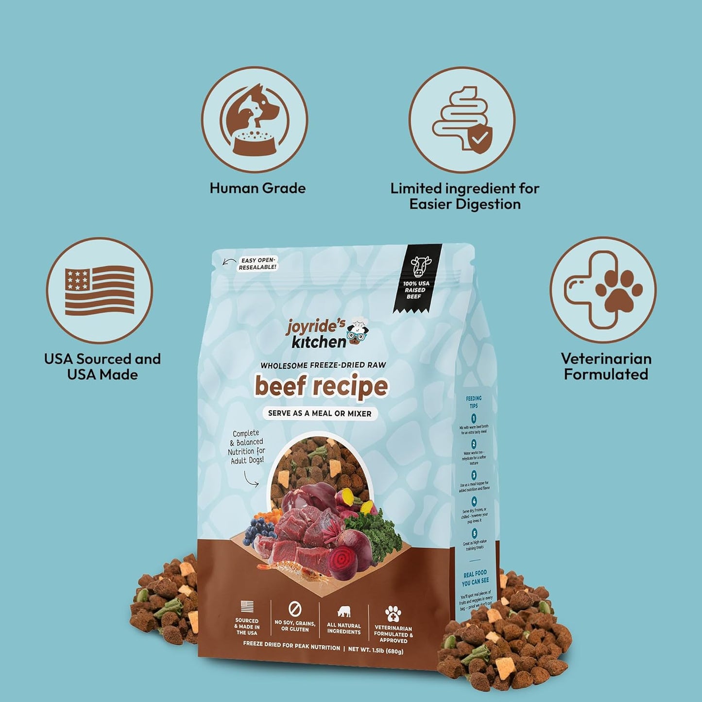 Joyride's Kitchen Freeze-Dried Raw Beef Dog Food – USA Sourced and Made – High-Protein, All-Natural Freeze Dried Meal or Topper, Human Grade - Perfect for Picky Eaters, Veterinarian Formulated