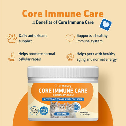 Pet Wellbeing Core Immune Care for Cats of All Ages - Daily Antioxidants, Immune Support, Collagen, Glutathione, Vitamin E - Veterinarian-Formulated Holistic Supplement 3.7 oz (105 g) Powder