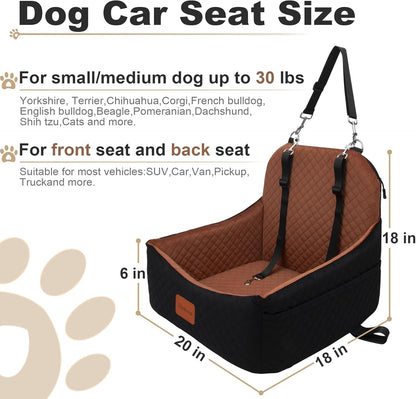 Car Dog Seat with 2 Safety Leashes,Dog Car Booster Seat for Small Medium Dogs 0-28lbs,Pet Travel Safety Bed with Storage PocketsFully Detachable and Easy to Install(S1-Black Outside Brown Inside)
