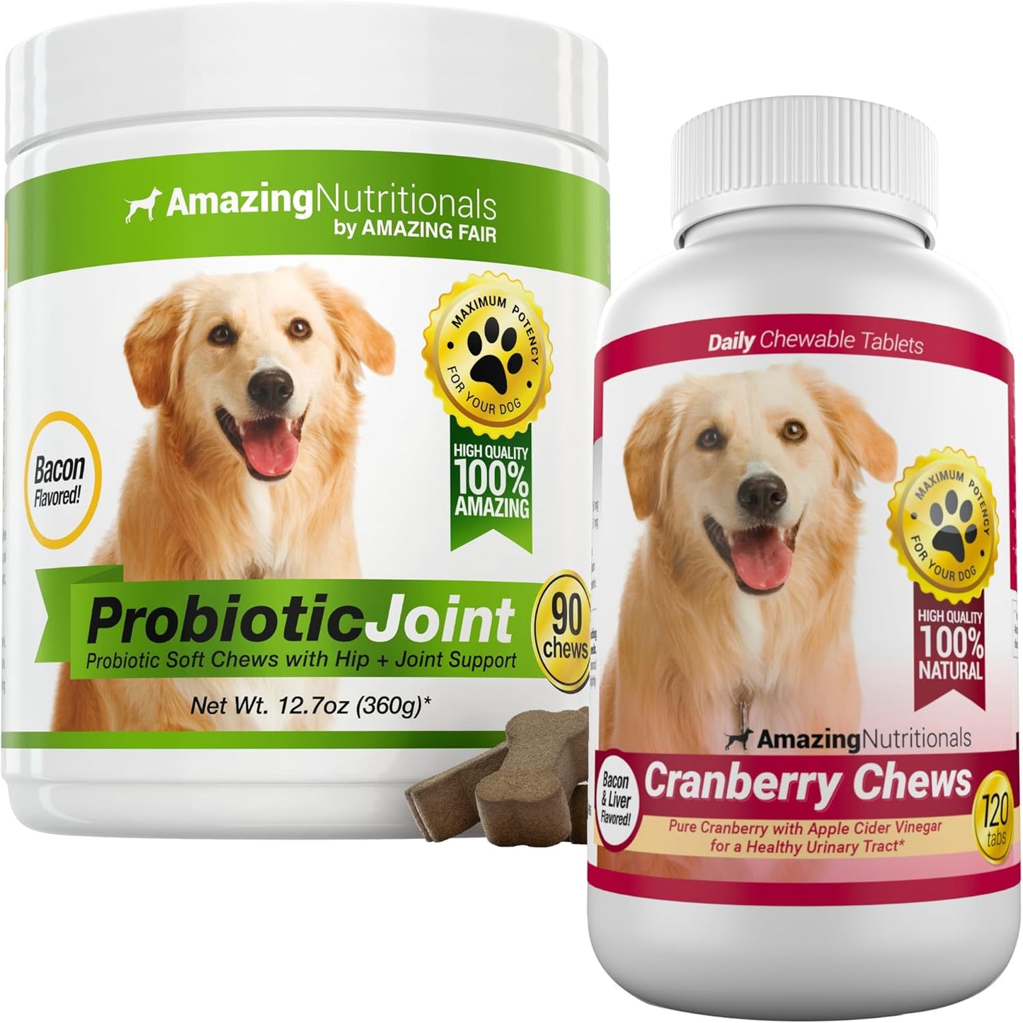 Probiotics for Dogs Soft Chew + Cranberry Bundle - UTI Prevention, Immune Support, Digestive Health, Incontinence, Gas and Diarrhea Elimination
