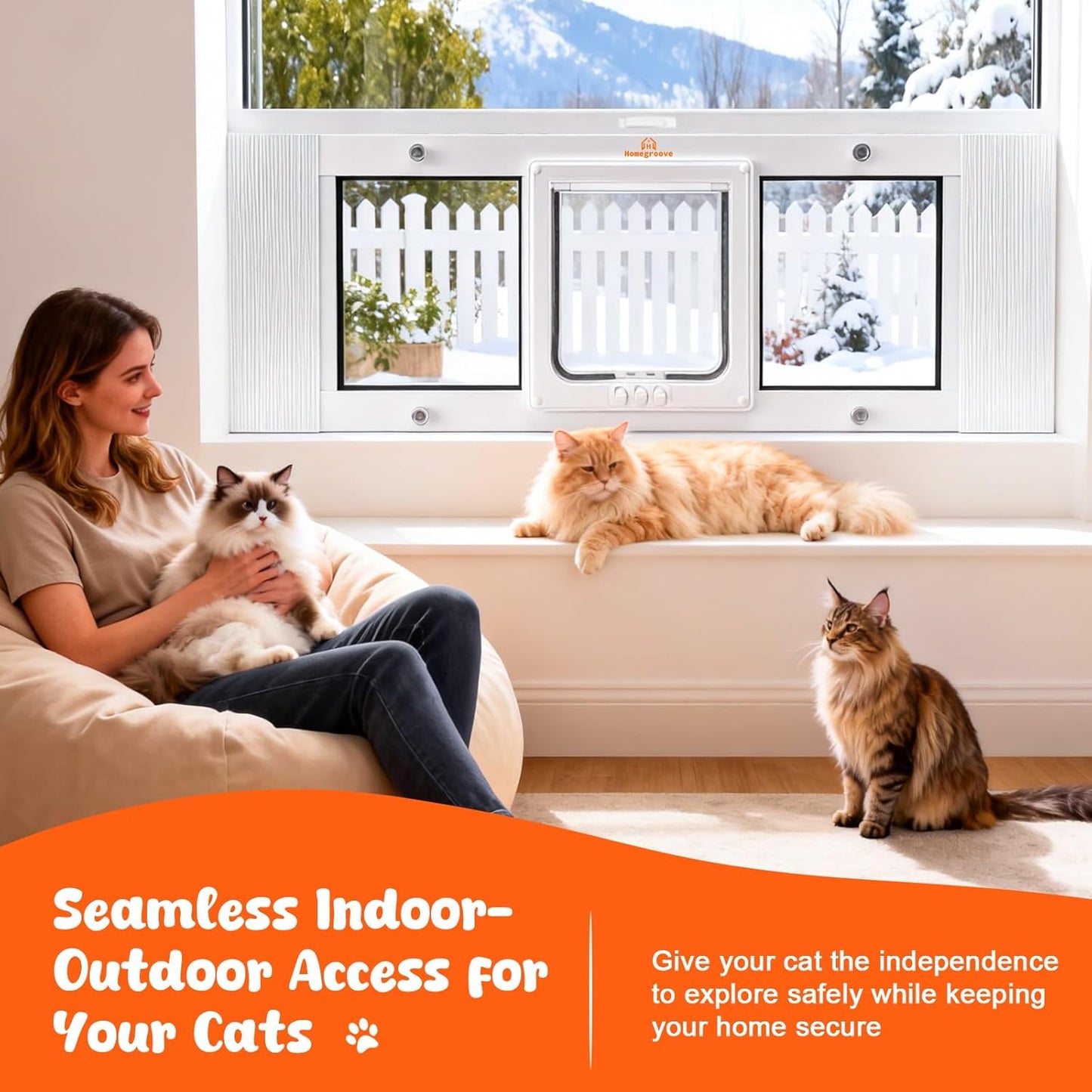 Homegroove Cat Door for Window, Adjustable Fits to 31"-36" Width Window Pet Door for Cat & Doggy, Aluminum Frame Window Cat Door Insert to Control Pet Access (31-36inch)