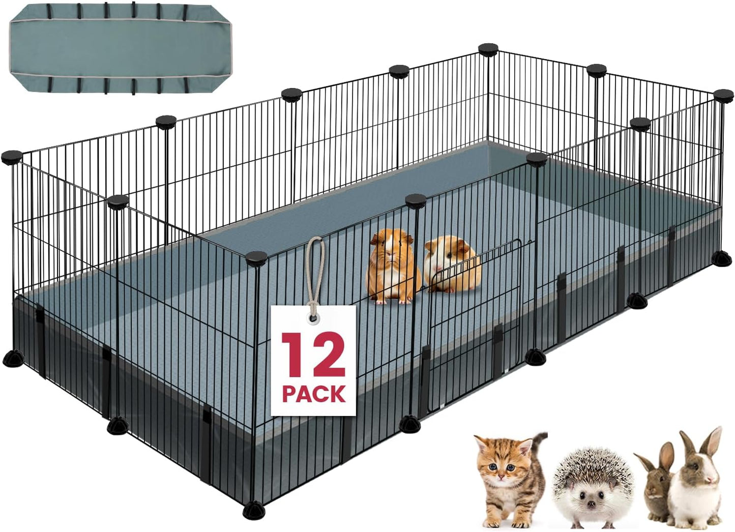 12 Panels Small Animal Playpen, 48" x 24" x 16" Pet Playpen with Waterproof Mat, C&C Cage for Guinea Pigs, Puppy Play Pen, Bunny Playpen, Indoor Outdoor Portable Metal Wire Yard Fence
