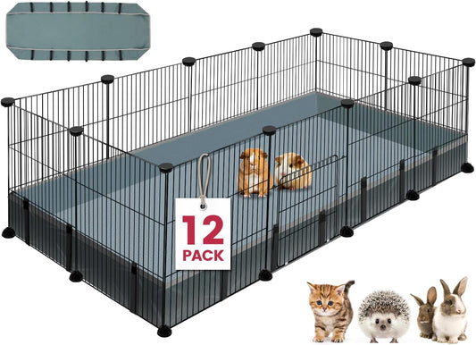 12 Panels Small Animal Playpen, 48" x 24" x 16" Pet Playpen with Waterproof Mat, C&C Cage for Guinea Pigs, Puppy Play Pen, Bunny Playpen, Indoor Outdoor Portable Metal Wire Yard Fence