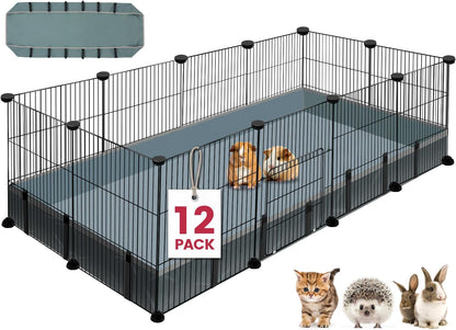 12 Panels Small Animal Playpen, 48" x 24" x 16" Pet Playpen with Waterproof Mat, C&C Cage for Guinea Pigs, Puppy Play Pen, Bunny Playpen, Indoor Outdoor Portable Metal Wire Yard Fence