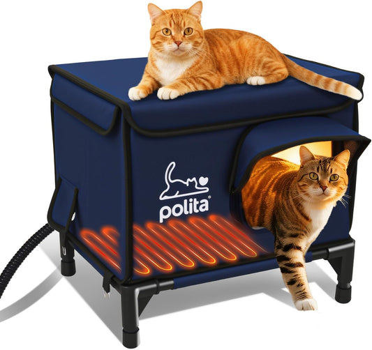 Rugged Heated Cat House for Outdoor Cats in Winter, Extremely Insulated & 100% Weatherproof, Elevated Feral Cat Shelter with Waterproof Eaves & Safe Escape Door for Stray & Barn Cats