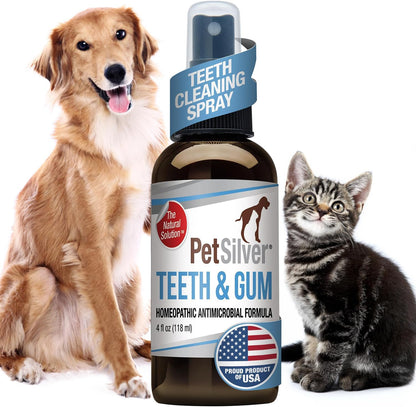 PetSilver Teeth & Gum Spray - Dog Dental & Teeth Cleaning Spray for Plaque & Tartar Build-Up Reduction - Natural Breath Freshener for Dogs and Cats - Patented Chelated Silver - Made in The USA - 4 oz