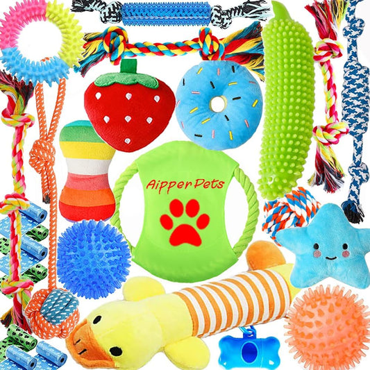 Dog Toys 25 Pack for Fun and Teeth Cleaning, Puppy Chew Toys Pack with Squeak Plush Toy,Squeaky Toy Balls,Tug of War and Rope Toys for Puppy to Small Dogs