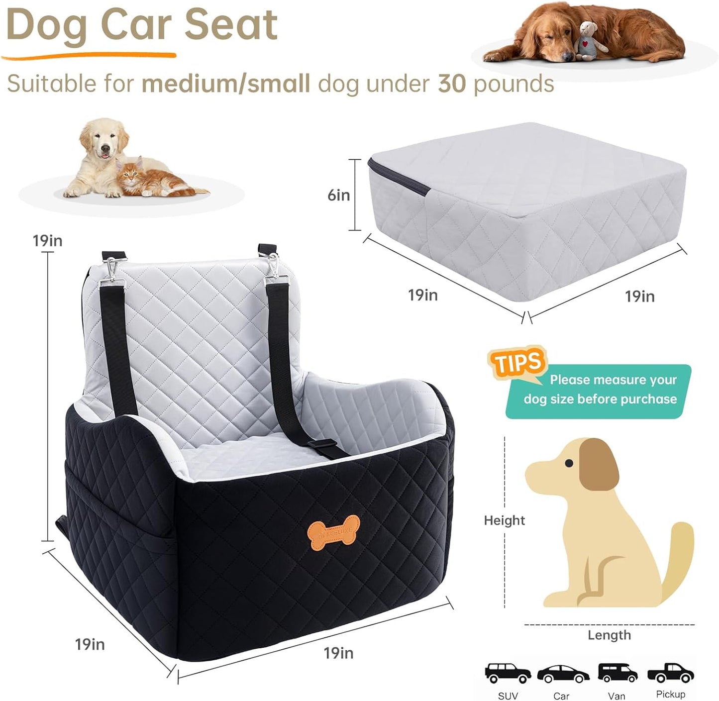 Dog Car Seat for Small Dogs, Dog Booster Seat Filling in Thick Memory Foam with 2 Safety Leashes and Storage Pocket, Suitable for Pet Under 30lb or 2 Puppies (Grey/Black)