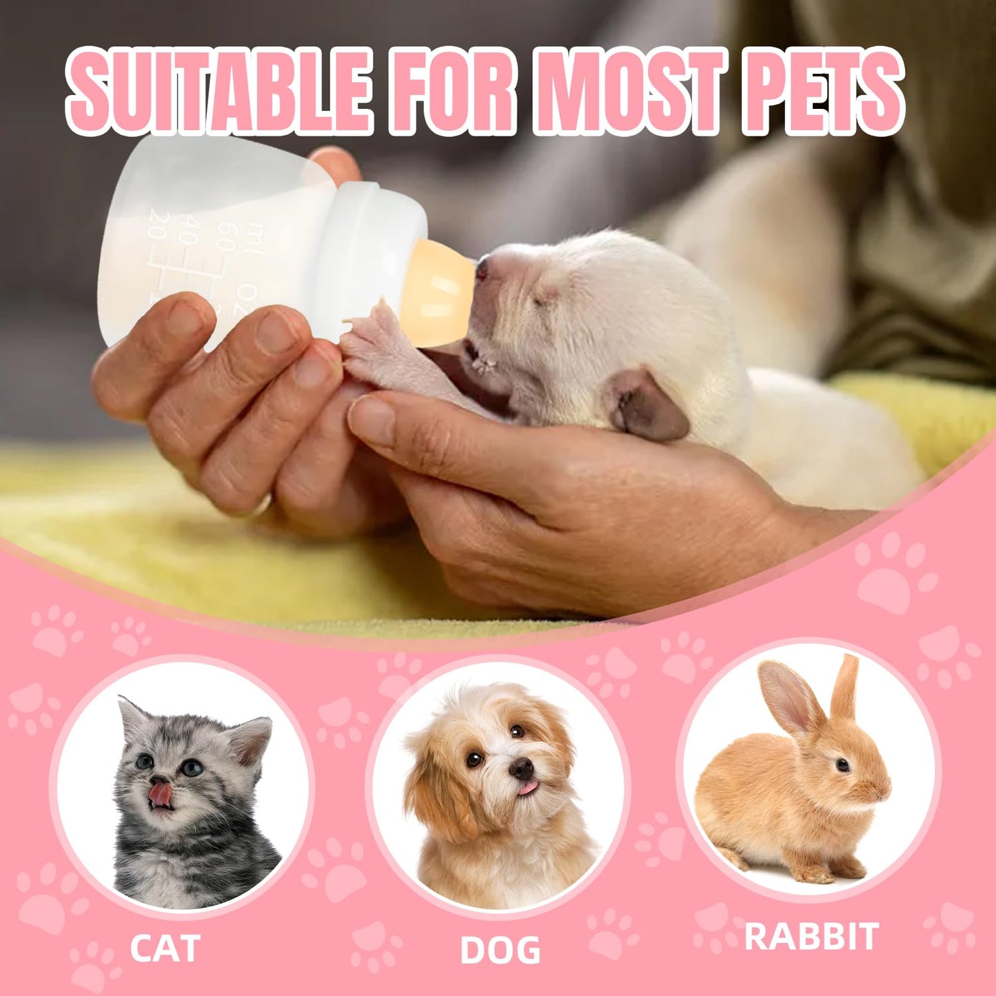 Kitten Bottles, Professional Kitten Bottle Feeding Kit, Nipple&Feeding Kit for Kittens and Puppies, Reusable Newborn Kitten Supplies, Suitable for Feeding Kitten, Puppy, Rabbit