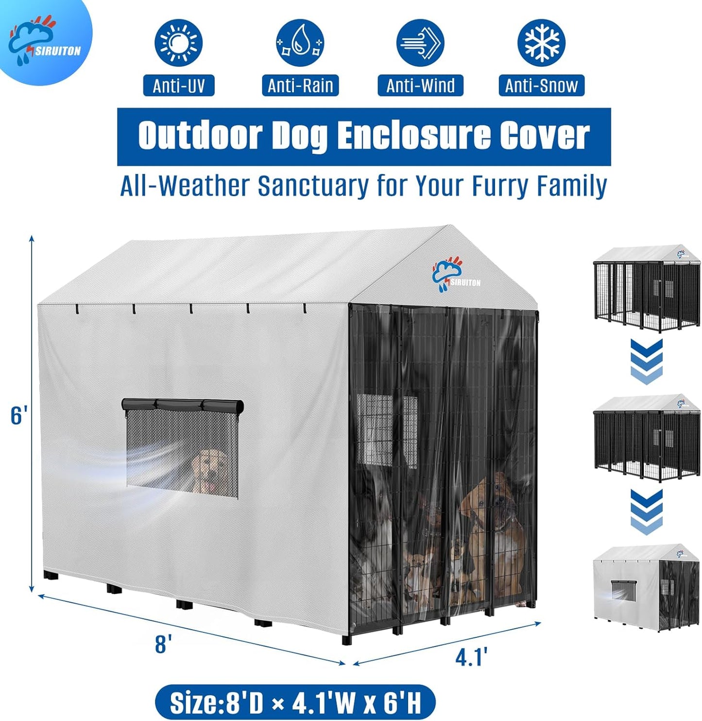 SIRUITON Outdoor Dog Kennel Cover,600D Full Coverage Waterproof Kennel Covers,With Transparent Film,Breathable Mesh Curtain & 4 Waterproof Zippers,Rain,Snowproof,Wind & Sun,8'Dx4.1'Wx6'H(Only Cover)