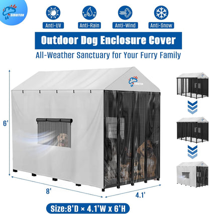 SIRUITON Outdoor Dog Kennel Cover,600D Full Coverage Waterproof Kennel Covers,With Transparent Film,Breathable Mesh Curtain & 4 Waterproof Zippers,Rain,Snowproof,Wind & Sun,8'Dx4.1'Wx6'H(Only Cover)