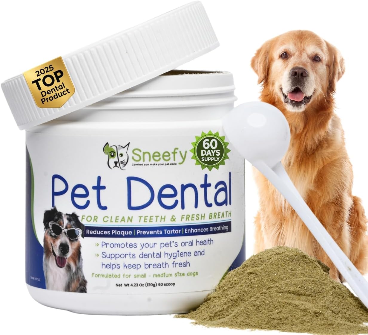 Dog Dental Care Powder - Natural Dog Teeth Cleaning & Breath Freshener | Herbal Blend + Probiotics Lab Tested Oral Care Formula for Fresh Breath & Clean Teeth | Oral Health Supplement (60 Servings)