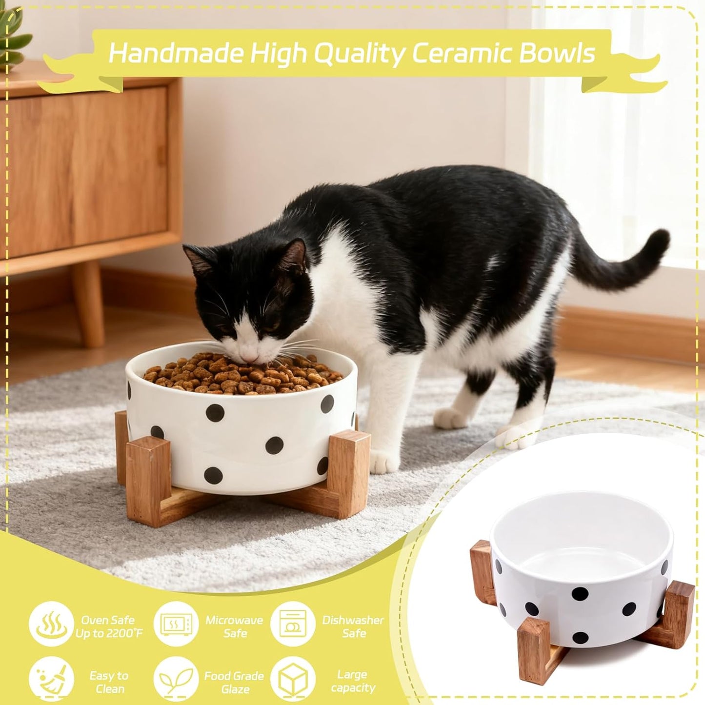 28.74 OZ Elevated Ceramic Dog Bowl Set with Acacia Wood Stand - 3.6 Cup Cat Food Bowl Raised Pet Dish Modern Indoor Water Basic Bowls for Puppies - 850 ML (Single Bowl with Stand)