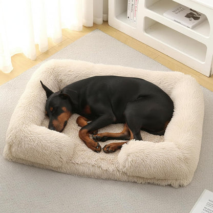 Orthopedic Dog Bed for Medium Dogs - Washable Memory Foam Pet Sofa, Fluffy Plush Rectangular Bed, Waterproof Anti-Anxiety Couch, Light Brown, M