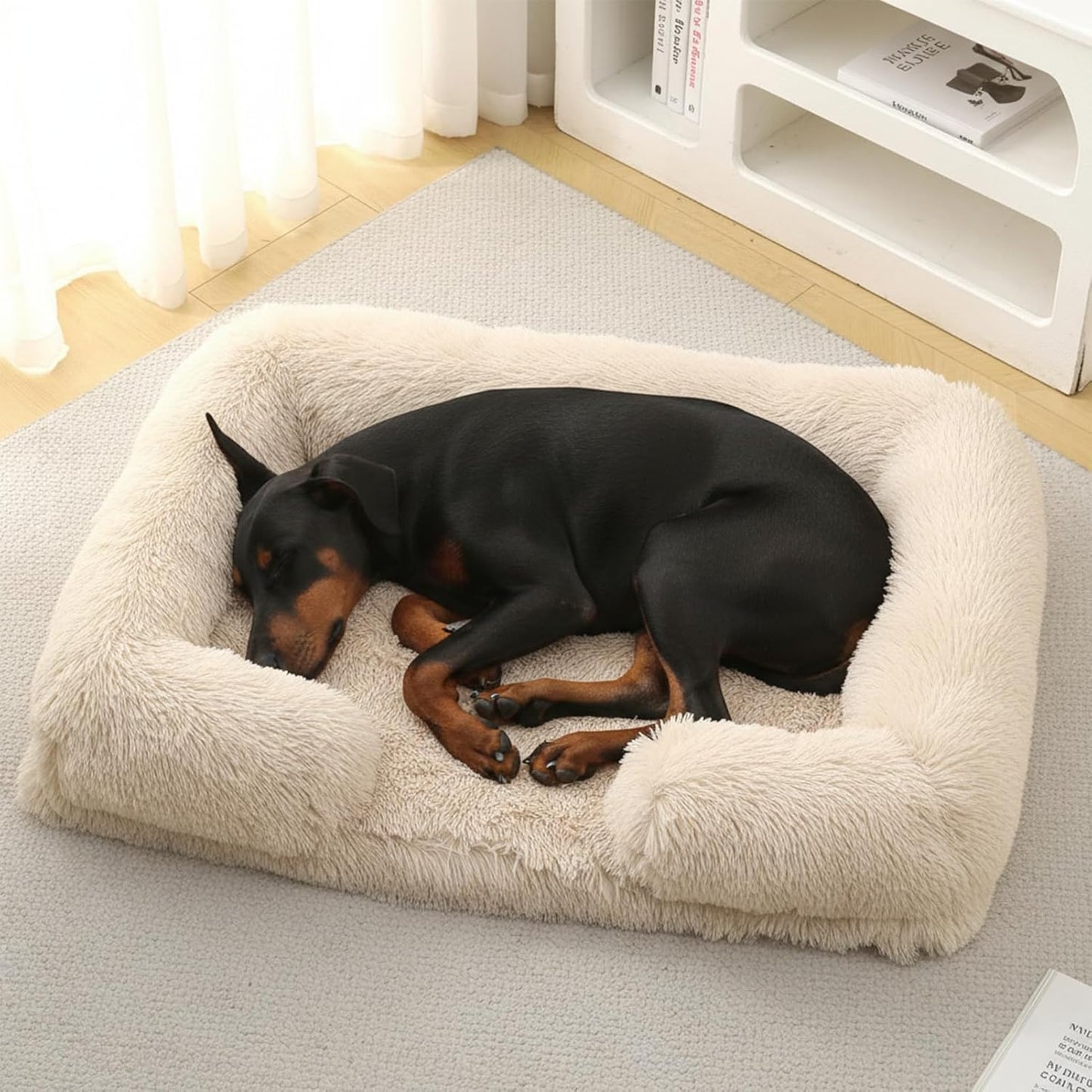 Orthopedic Dog Bed for Medium Dogs - Washable Memory Foam Pet Sofa, Fluffy Plush Rectangular Bed, Waterproof Anti-Anxiety Couch, Light Brown, M