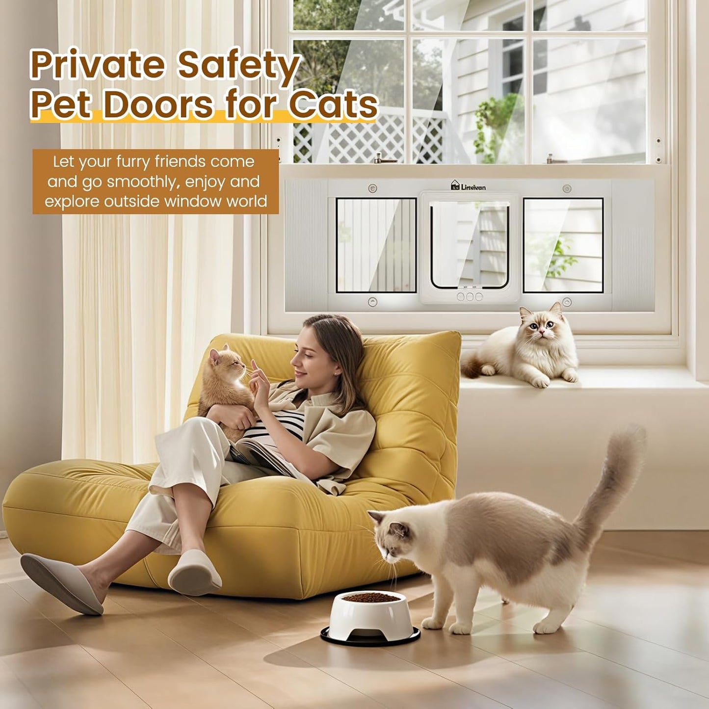 Cat Door for Window, Quick Installation Adjustable Width of 27"-32", Cat Window Door with 4 Locking Modes, Magnetic Closure Design, Weatherproof Aluminum Frame Cat Door Window Insert