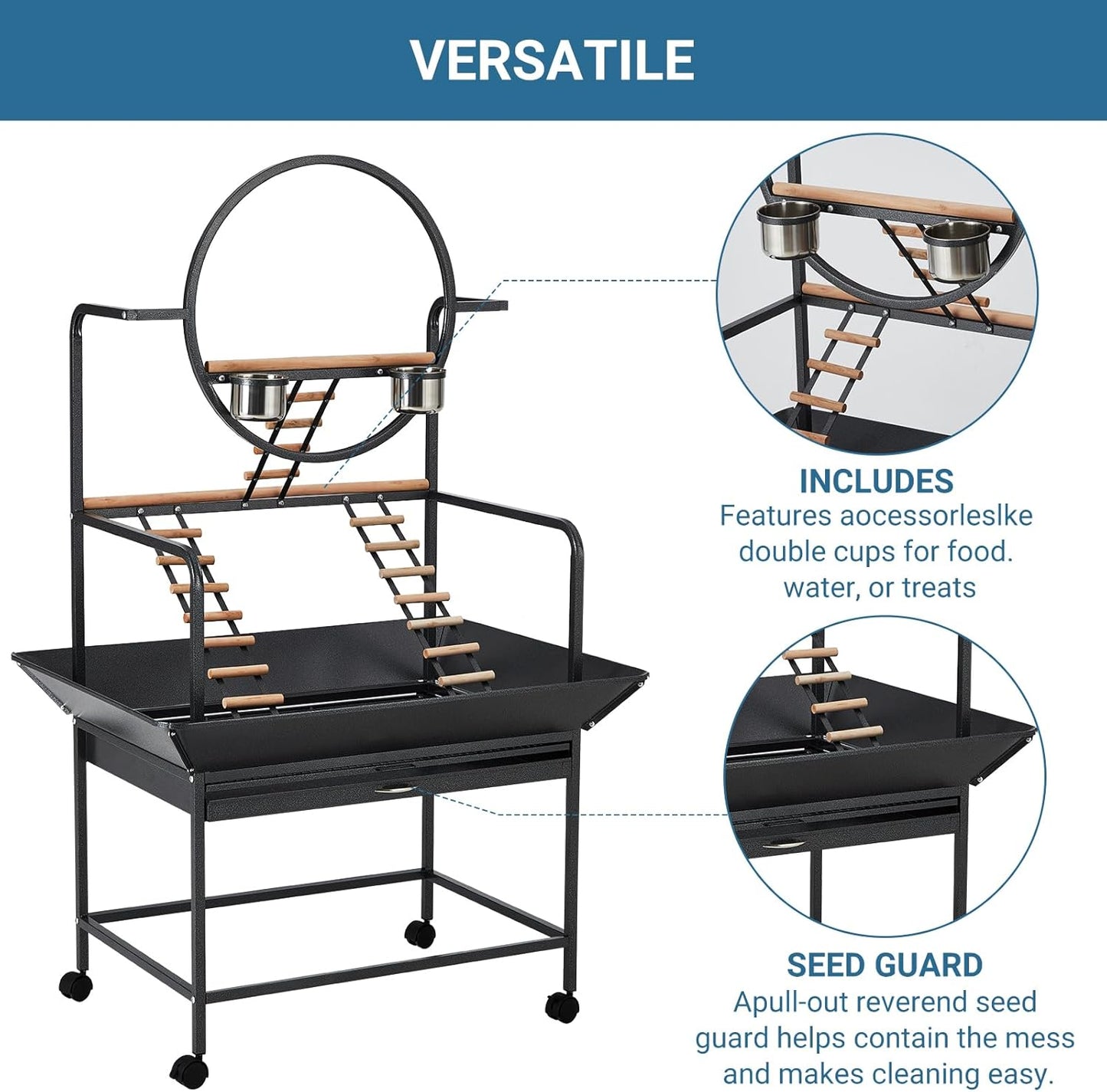Bird Playstand, 66 in H Inch Birdcage Stand Activity Play Center with Perches and Ladders, Removable Tray, Indoor Outdoor Playground for Parakeet, Cockatiels Conures Parrots, Lockable Caster, Black
