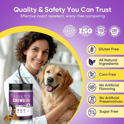 Dog Flea and Tick Treatment Chewable 200 Treatment Chews Natural Soft Chew Fleas Ticks Treatment Dog Oral Chewables Support Supplement Breeds and Ages Dogs Chicken Flavor