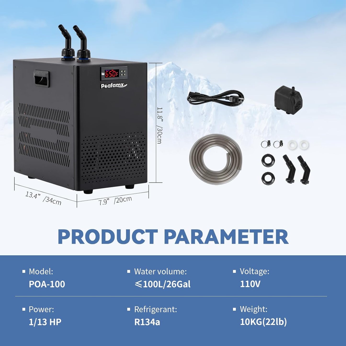 Poafamx Aquarium Chiller 26gal Aquarium Cooler 1/13 HP Fish Tank Chiller Hydroponic Water Chiller with Quiet Refrigeration Compressor for Saltwater Freshwater Axolotl Coral Jellyfish