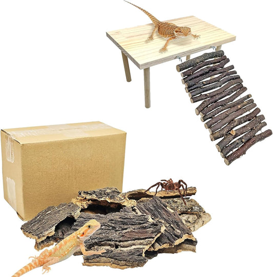 BNOSDM Reptile 16oz Cork Bark Substrate and Wooden Hideout Platform for Lizard, Gecko