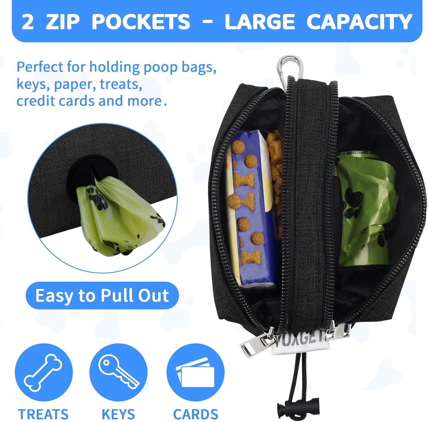 Dog Poop Bag Holder for Leashes, Puppy Treat Pouch Carrier with 2 Zipper Pockets and Clip for Pets Doggy Training, Dog Waste Bag Dispenser with 1 Roll Poop Bags for Walking Accessories (Black)