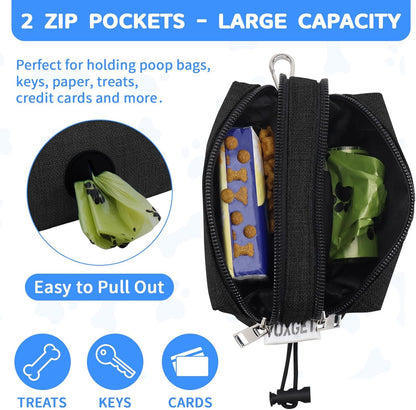 Dog Poop Bag Holder for Leashes, Puppy Treat Pouch Carrier with 2 Zipper Pockets and Clip for Pets Doggy Training, Dog Waste Bag Dispenser with 1 Roll Poop Bags for Walking Accessories (Black)