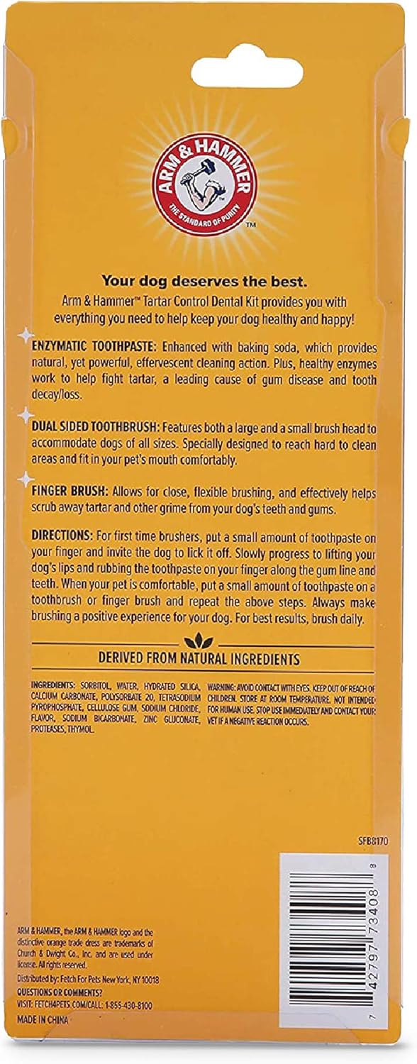 Arm & Hammer for Pets Tartar Control Kit for Dogs | Contains Toothpaste, Toothbrush & Fingerbrush | Reduces Plaque & Tartar Buildup | Safe for Puppies, 3-Piece , Beef Flavor
