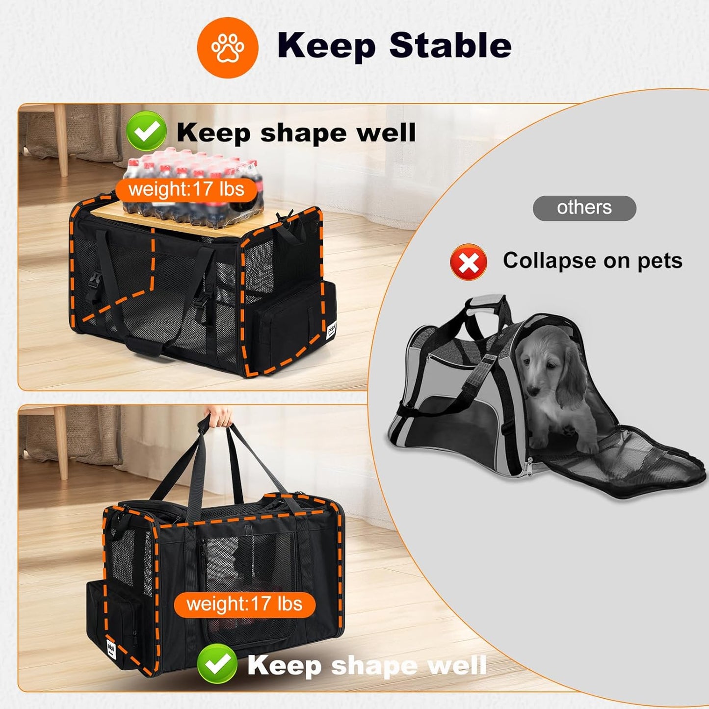 25''(L) x 17''(W) x 17''(H) Extra-Large Expandable cat Carrier for Long Distance car Travel,for 1 Extra-Large cat / 2 Large Cats / 3 Small-Medium Cats up to 35 lbs(Black)