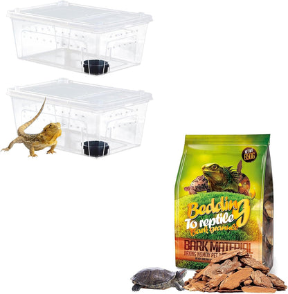 Hamiledyi 2PCS Reptile Feeding Box Snake Breeding Box Transparent Cage and Reptile Bark Bedding Tortoise Habitat Substrate Natural Terrarium Bark for Snake Spiders Bearded Dragons Hermit Crabs Geckos