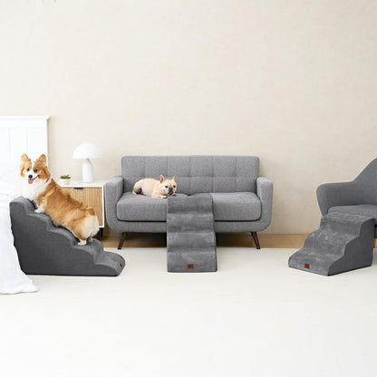 EHEYCIGA Curved Dog Stairs Ramp for High Beds 19.7" H, 4-Step Dog Steps for Small Dogs and Cats, Pet Stairs for High Bed Climbing, Non-Slip Balanced Pet Step Indoor, Grey