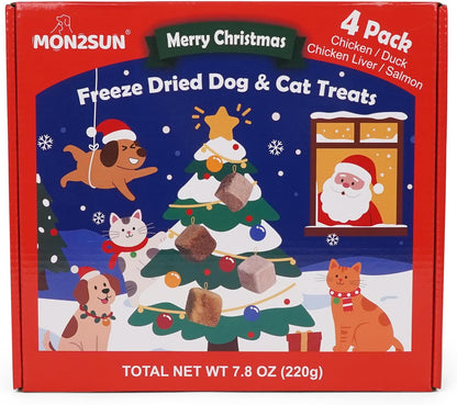 MON2SUN Christmas Dog and Cat Treats, Freeze-Dried Holiday Box Treats, Single Ingredient, High Protein Training Treats & Food Topper, 7.8 oz