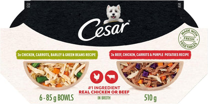 Cesar Wholesome Bowls Adult Wet Dog Food, Chicken, Carrots, Barley & Green Beans Recipe and Beef, Chicken, Purple Potatoes & Carrots Recipe Variety Pack, 3 oz., 6 Count