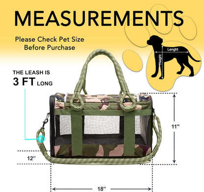 FLUFFY COMMUTE™ TSA Airline Approved Dog Carrier | Soft-Sided | Fits Small Dogs & Pets Up to 15 lbs & 17” Long × 11” Tall | Camo w/Green Handle