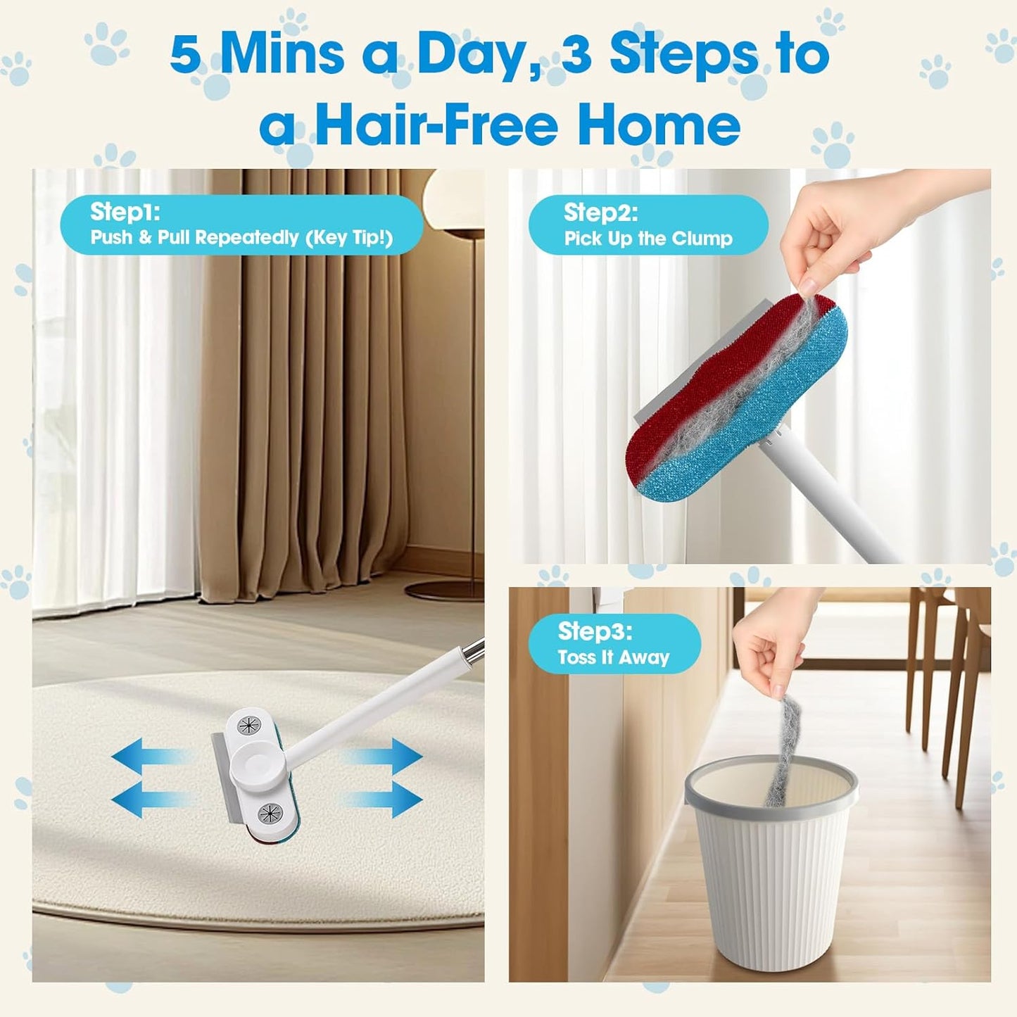 Multi-Functional Pet Hair Remover with Extended Handle, 25° Angle Design & Dual-Directional Bristles - Wet Dry Tool to Uproot Stubborn Hair & Clean Carpet, Furniture, Car for Dogs & Cats