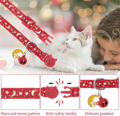 KOOLTAIL Cat Collar Breakaway with Bells - 6 Pack Glow in The Dark - Stars & Moon Charm Pendent Pet Reflective Collars Ideal for Kitten Cats Puppy
