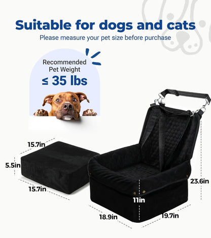 Dog Car Seat for Small Medium Dogs, Travel Pet Car Bed with Removable Waterproof Cover, Memory Foam Dog Booster Seats Up to 35 lbs, Safety Belt and Storage Pocket(Black)