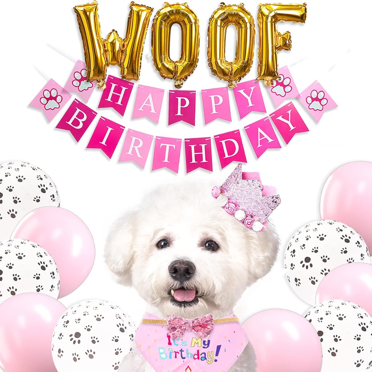PartyWoo Pink Dog Birthday Supplies Kit 15pcs Balloons Puppy Bandana Hat Banner for Small Medium Girl Puppy Dogs Pet Photo Booth Backdrop Celebration Party Decorations Favors