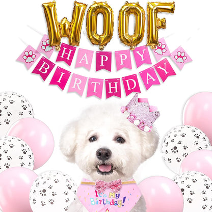 PartyWoo Pink Dog Birthday Supplies Kit 15pcs Balloons Puppy Bandana Hat Banner for Small Medium Girl Puppy Dogs Pet Photo Booth Backdrop Celebration Party Decorations Favors