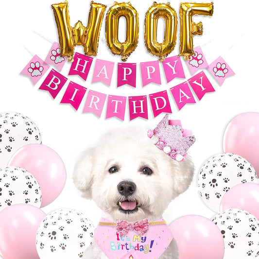PartyWoo Pink Dog Birthday Supplies Kit 15pcs Balloons Puppy Bandana Hat Banner for Small Medium Girl Puppy Dogs Pet Photo Booth Backdrop Celebration Party Decorations Favors