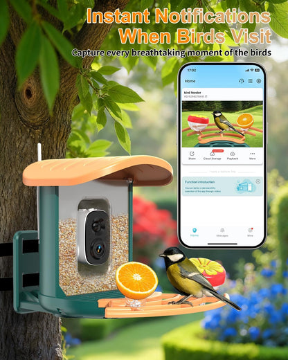 Bird Feeder with Camera, 2K HD Camera Birds Feeder with AI Bird Recognition, Solar Powered Smart Birdfeeder with App Control, Color Night Vision, Gift Box Package, Easy Install & Family Sharing