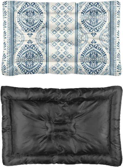 Blue Damask Stripe Washable Dog Bed for Crate Dogbed Mat Pet Crate Pad Pet Bed for Washable Non-Slip Dog Beds Crates Medium Size Tear-Resistant Mat Puppy Indoor Outdoor 36X24 Inch